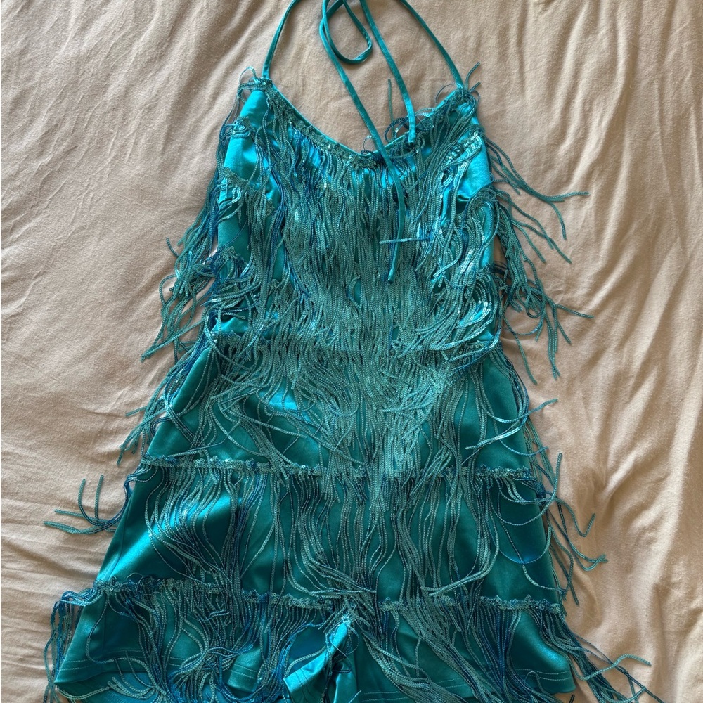 Teal Fringe Sparkle Romper